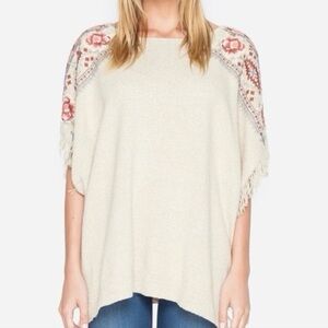 Johnny Was Cream Sweater Poncho with Pink Floral Shoulders